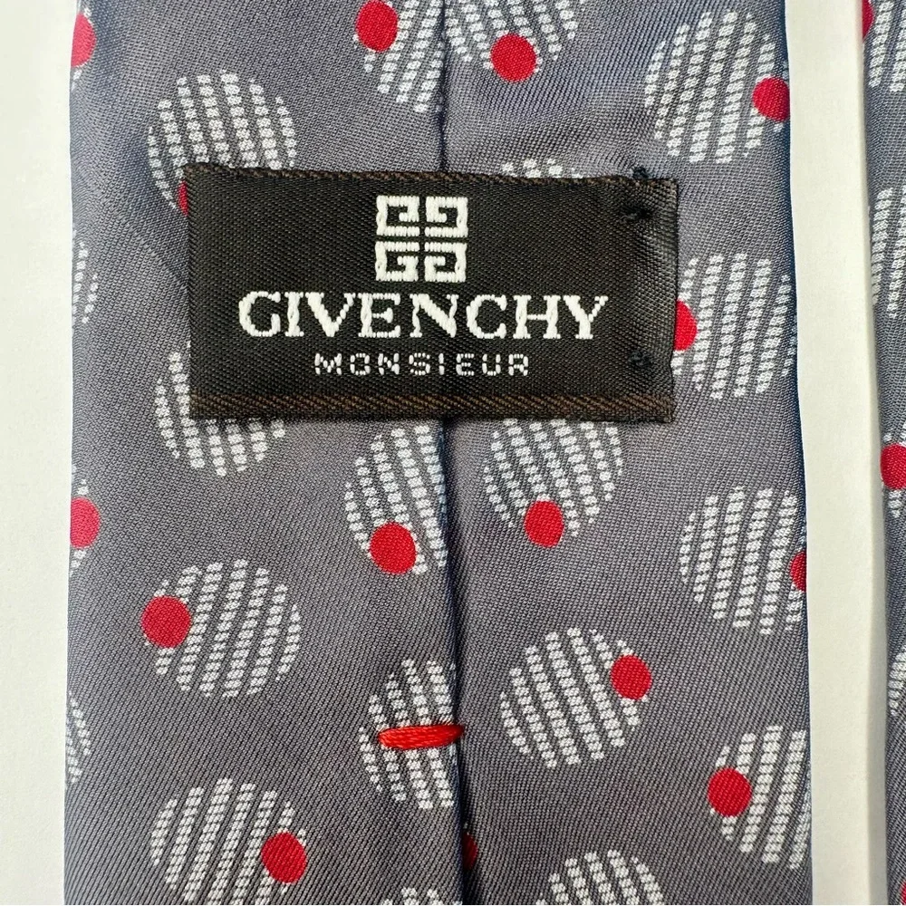 Vintage GIVENCHY MONSIEUR Gray Abstracted Olive Patterned Classic Silk Tie,